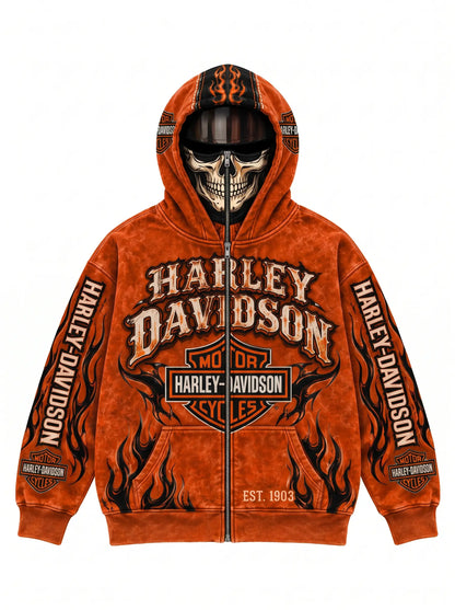 Ride Hood biker ski mask hoodie - Orange / Skull Mask